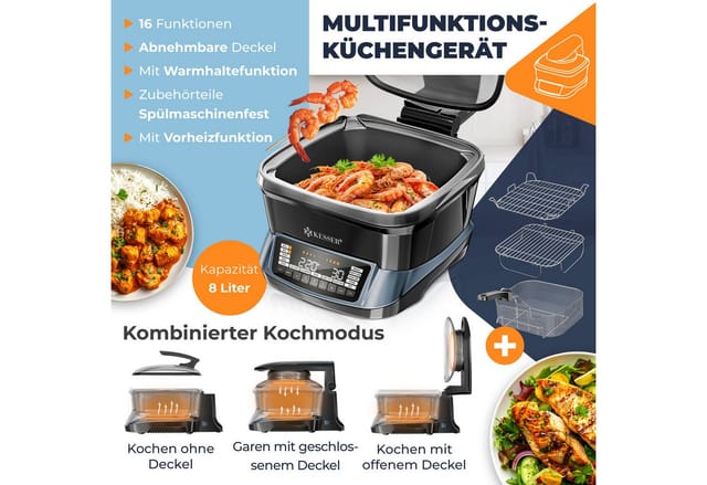 KESSER Multikocher Küchengerät mit 16 Programmen Grillen, Backen, Schmoren, Dampfgaren, 1800 W, All-in-One Slow Cooker, Schnellkochkopf, Heißluftfritteuse, Reiskocher