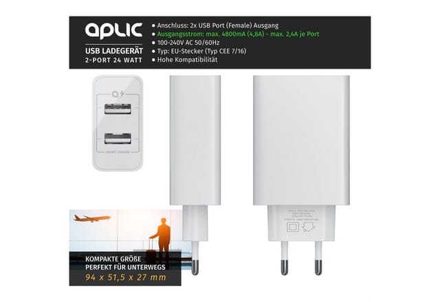Aplic 2 Port Nezteil mit Smart Charge + Solid Charge, Leistungsstarke 24W USB-Ladegerät (4800 mA, Ladeadapter kompatibel mit Apple iPhone iPad Samsung Xiaomi Huawei)