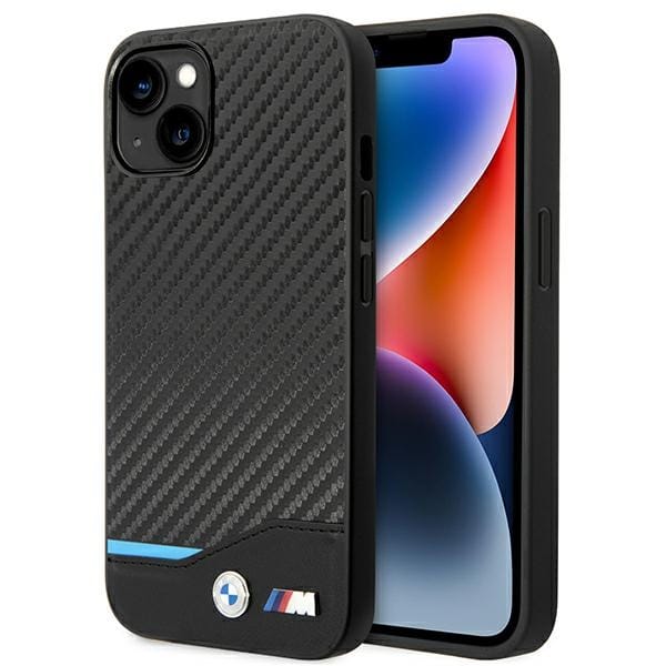 BMW Handyhülle Handyhülle Case iPhone 13 / 14 / 15 BMW Leder Tricolor schwarz Carbon 6,1 Zoll, Kantenschutz