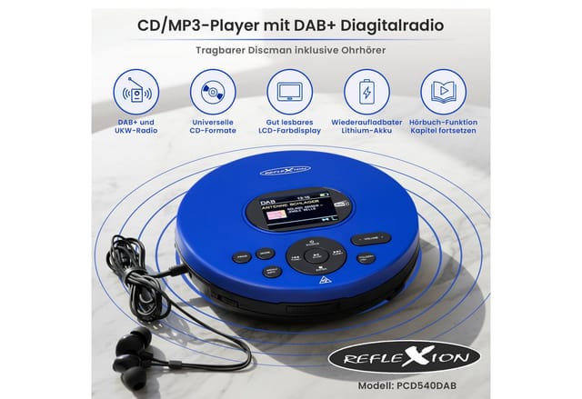 Reflexion PCD540DAB CD/MP3-Player mit DAB+ Digitalradio tragbarer CD-Player (LCD-Farbdisplay, Hörbuchfunktion, Ohrhörer, 8 Std. Akkulaufzeit)