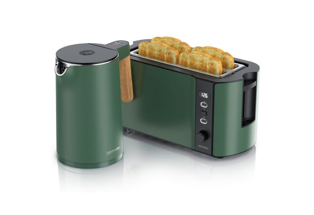 Arendo Frühstücks-Set Edelstahl Wasserkocher 1,5l, 4-Scheiben Langschlitz Toaster, grün (2-tlg), Wasserkocher mit Temperatureinstellung