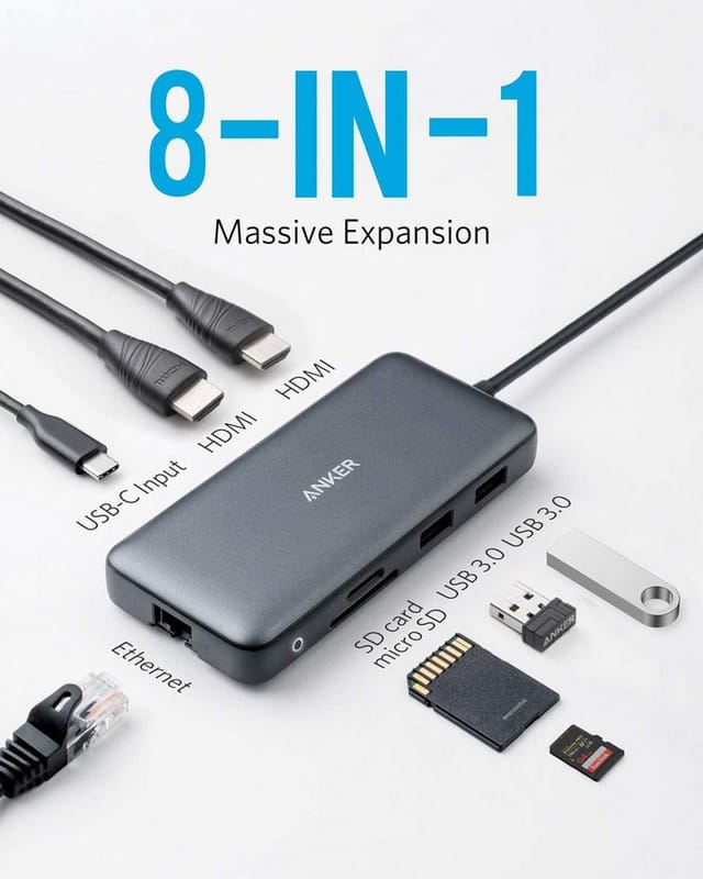 Anker Laptop-Dockingstation PowerExpand 8-in-1, 1x USB-C PD, 2x USB 3.0, 2x HDMI (4K), 1x Netzwerkanschluss