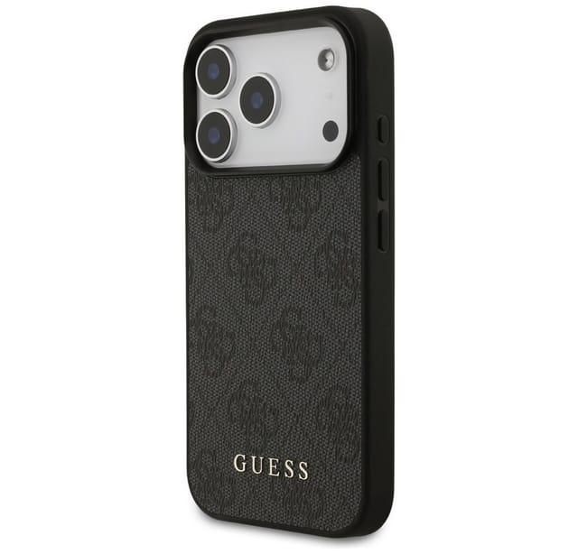 Guess Handyhülle iPhone 17 Pro Kunstleder grau Classic Logo goldfarben Metall 6,3 Zoll, Kantenschutz