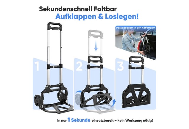 Sekey Sackkarre Alu Handwagen Transportkarre Klappbar Handkarre bis 80kg Tragfähigkeit, 3-Stufig Höhenverstellbar Klappkarre & In Sekunden Faltbar Klappwagen