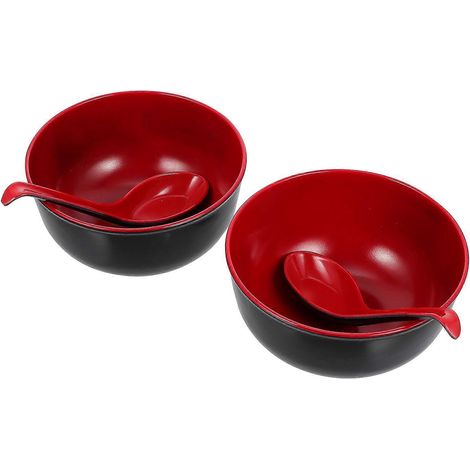 Praktisches Set Aus Melamin-ramen-/reisschalen Mit Löffeln (schwarz Und Rot) – 14,00 X 14,00 X 7,00 Cm – Rot
