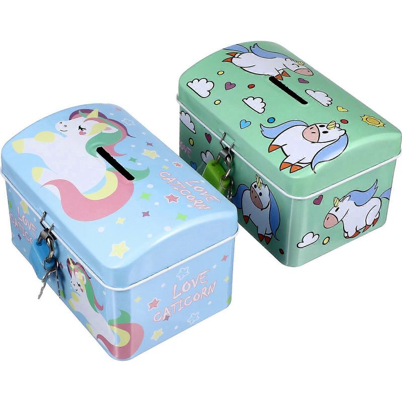 Set Mit 2 Einhorn-sparschweinen Im Kreativen Cartoon-stil Mit Vorhängeschloss (design Zufällig) – 13,00 X 8,00 X 7,70 Cm – Farbe Zufällig