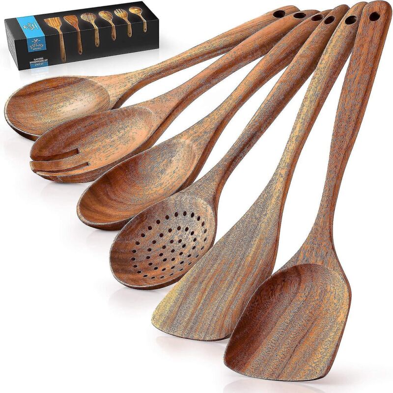 Hochwertige Küchenutensilien Aus Holz – 6-teiliges Set – Löffel Aus Teakholz Mit Glatter Oberfläche, Antihaftbeschichtet Und Angenehm In Der Handhabung.