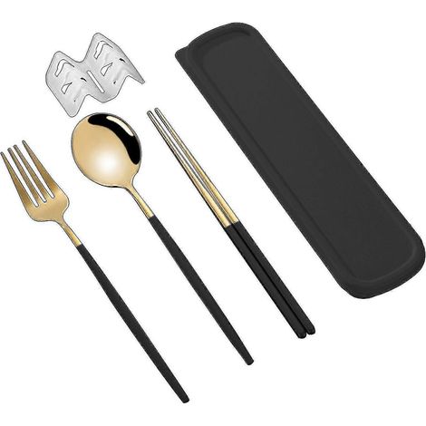 Kaesi Kb-2-teiliges, Staubdichtes Edelstahl-besteckset Im Koreanischen Stil In Schwarz Und Gold (essstäbchen, Gabel, Löffel) Für Den Täglichen Gebrauch