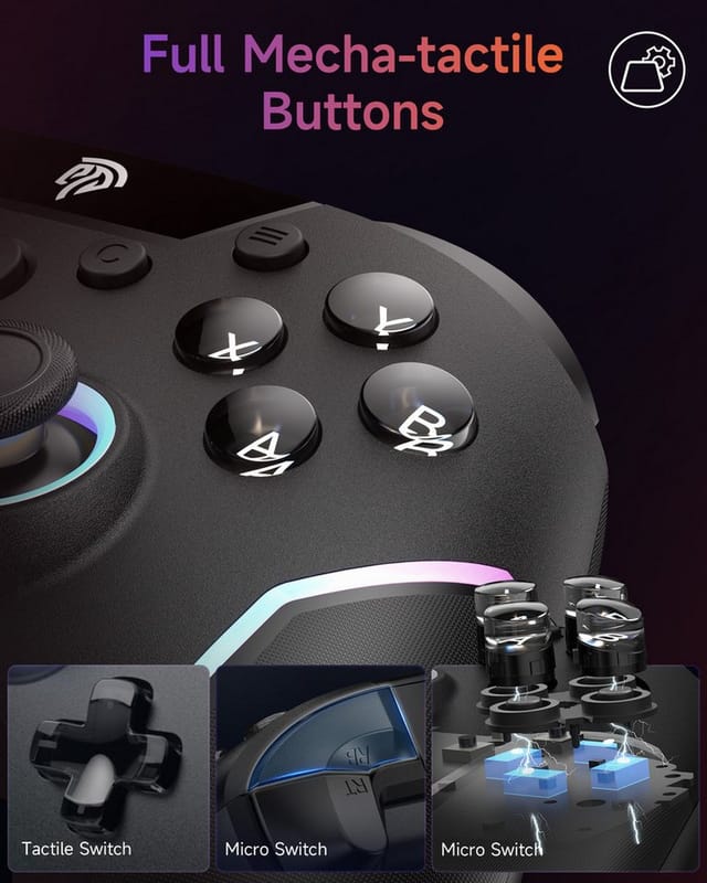 ANYSUN Controller Wireless Gaming Controller mit RGB-Hintergrundbeleuchtung Controller (Bluetooth Controller mit 2 in 1 Trigger & abnehmbare Hall Joystick, & Mechanische Tasten, 6 Achsen Gyro, Kompatibel mit PC/Switch/Handy)