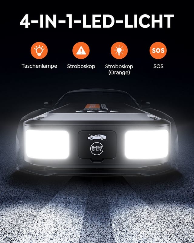 Buture Auto Starthilfe Powerbank 4000A 12V Starthilfegerät 16800 mAh, 4-in-1 LED-Leuchte, 9,0L Benzin Oder 8,5L Diesel, -20°C bis 60°C