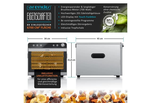 Arendo Dörrautomat Edelstahl, Temperaturregler von 30° bis 85°C, Dörrgerät, Dehydrator, 700 W, 8 Etagen, Obst, Fisch, Fleisch Dörrapparat, Obsttrockner, Timer 0,5-24 Stunden