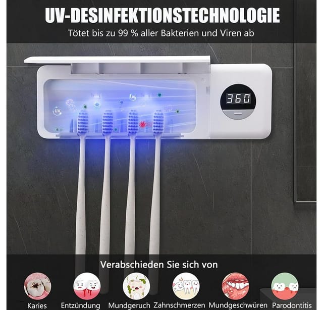 TUWENA Elektrische Zahnbürste UV-Zahnbürste Sanitizer, Wiederaufladbar Zahnbürste Sanitizer Halter, Kabellose Wand Montiert Zahnbürste Sterilisator für Bäder mit 4 Slots