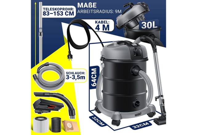 MASKO Industriesauger, 34 W, Industriestaubsauger Staubsauger Nass Trocken Sauger Edelstahl