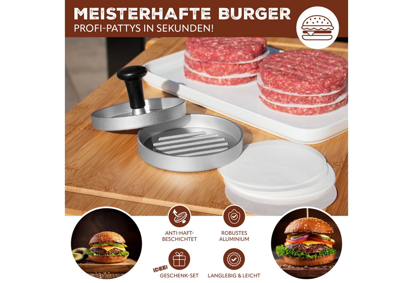 bremermann Burgerpresse Burgerpresse // inkl. 50x Antihaft-Trennblätter // Hamburgerpresse (1 St), Aluminium, mit 50 Blatt Papier Bild 2