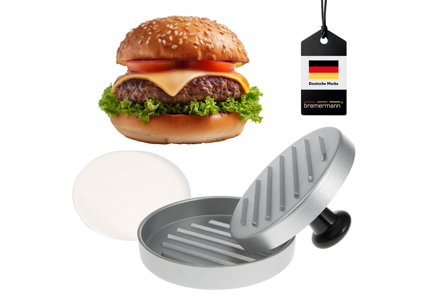 bremermann Burgerpresse Burgerpresse // inkl. 50x Antihaft-Trennblätter // Hamburgerpresse (1 St), Aluminium, mit 50 Blatt Papier Bild 3