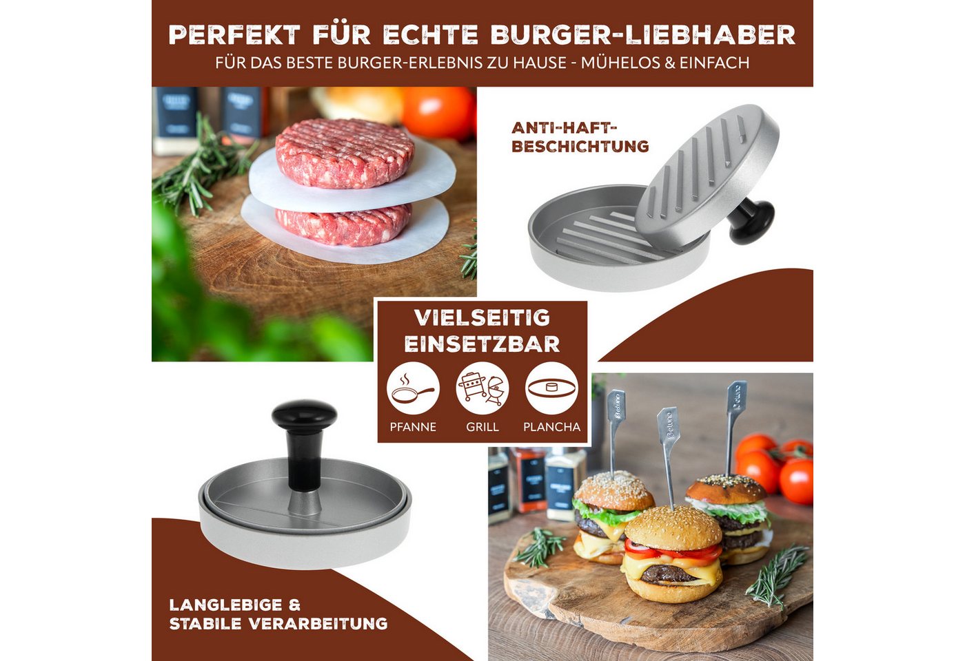 bremermann Burgerpresse Burgerpresse // inkl. 50x Antihaft-Trennblätter // Hamburgerpresse (1 St), Aluminium, mit 50 Blatt Papier Bild 4