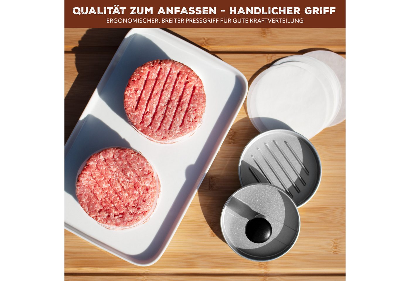 bremermann Burgerpresse Burgerpresse // inkl. 50x Antihaft-Trennblätter // Hamburgerpresse (1 St), Aluminium, mit 50 Blatt Papier Bild 5