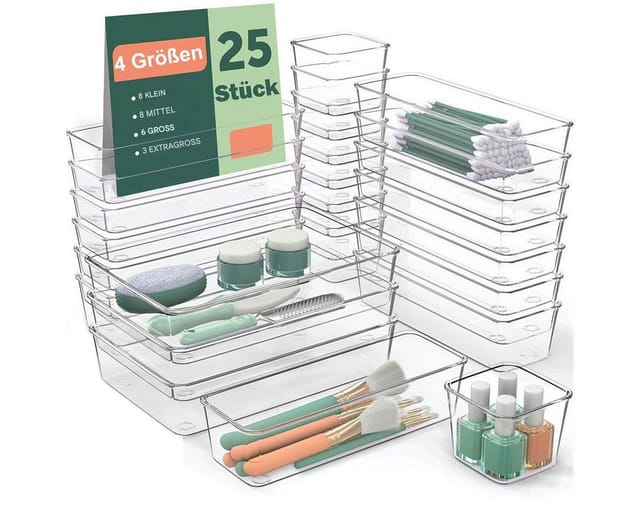 SURFOU Organizer Schubladen Organizer 25 St. Schminktisch Organizer Schreibtisch (schubladen organizer bad, schminktisch organizer für schublade 4 Größen, 25 St., Transparent, waschbar, ausgestattet), Stapelbar,Geeignet für Badezimmer, Schlafzimmer, Küche