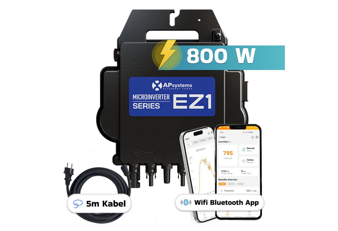 SUNNIVA Wechselrichter AP Systems Mikro-Wechselrichter 800 W EZ1-M-EU für Balkonkraftwerk, (IP67 wetterfest, Plug-&-Play Installation, 2 MPPT, Bluetooth & WIFI, inkl. 5 m Anschlusskabel Micro Inverter) Bild 2