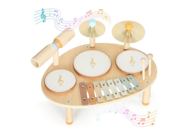 AIYAPLAY Kinderschlagzeug 4-in-1 Montessori Musikinstrumente Set,Schlagwerk für Kinder, 6-St., Sensorisches Lernspielzeug, für Kinder ab 2 Jahre Naturholz