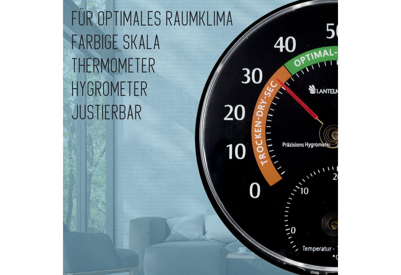 Lantelme Raumthermometer Analog Kombi Thermometer Hygrometer Zimmer Innen Raumklimakontrolle, 1-tlg., Gerät ist Justierbar, Luftfeuchte 0 bis 100% rel. und Temperatur -5 bis 45° Celsius