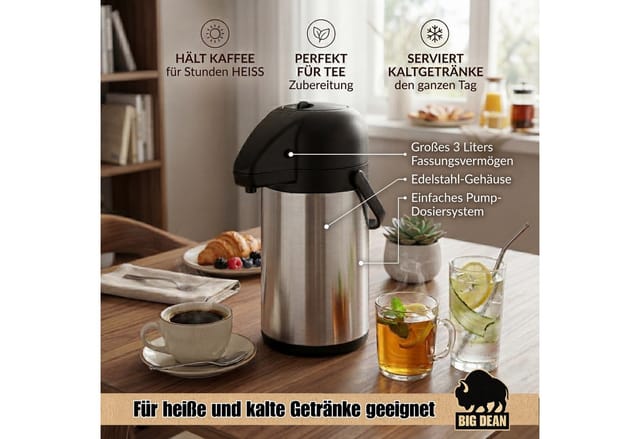 Haushalt International Pump-Isolierkanne Thermokanne doppelwandig Pumpkanne, 3 l, aus Edelstahl, herausnehmbare Pumpe