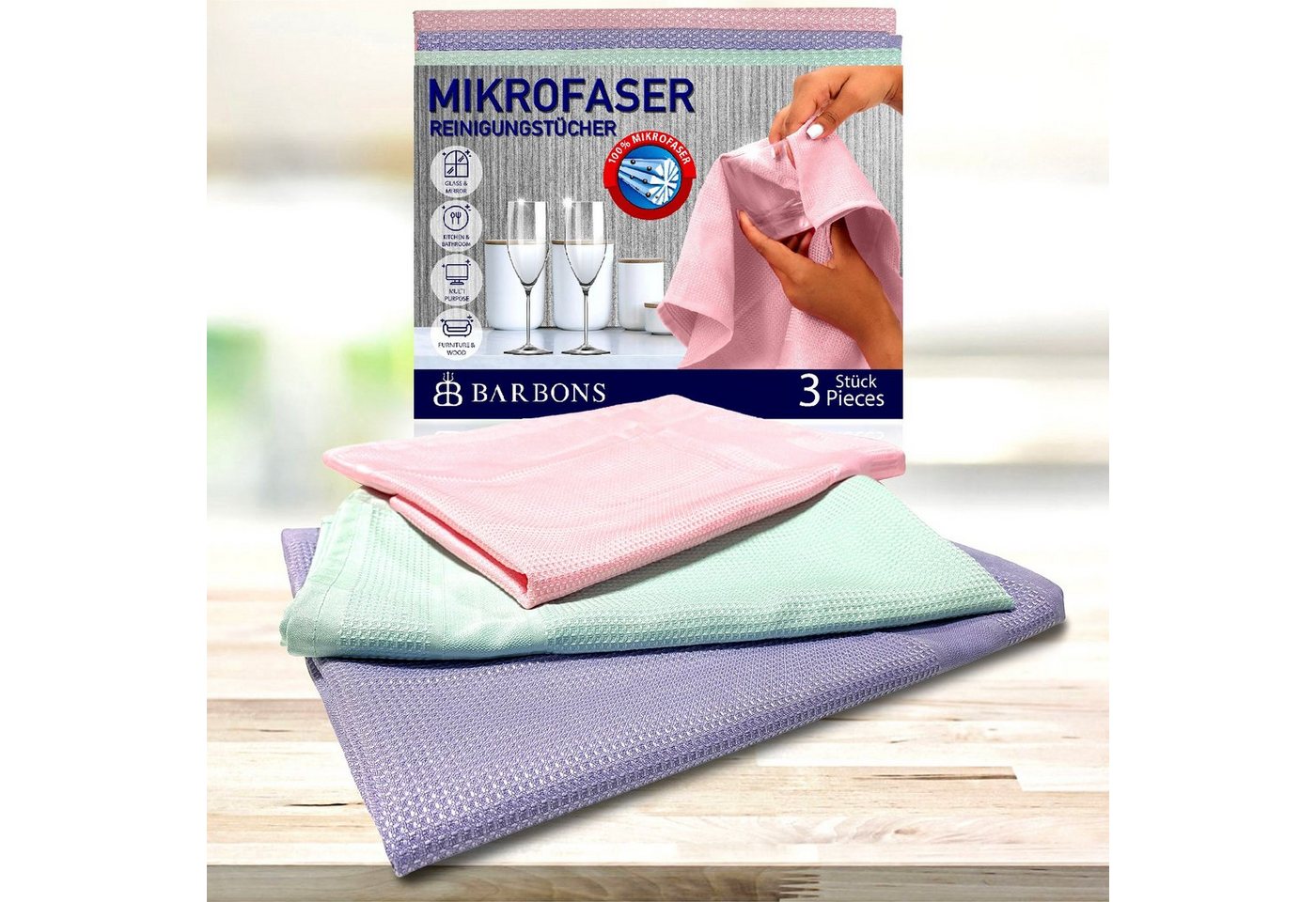 BARBONS Mikrofasertücher Geschirrtücher Allzwecktücher Fenstertücher Mikrofasertuch (100% Mikrofaser, 60x40 cm, 1 Packung, 3-tlg., Allzwecktücher, Streifenfrei, Staubfrei Auto)
