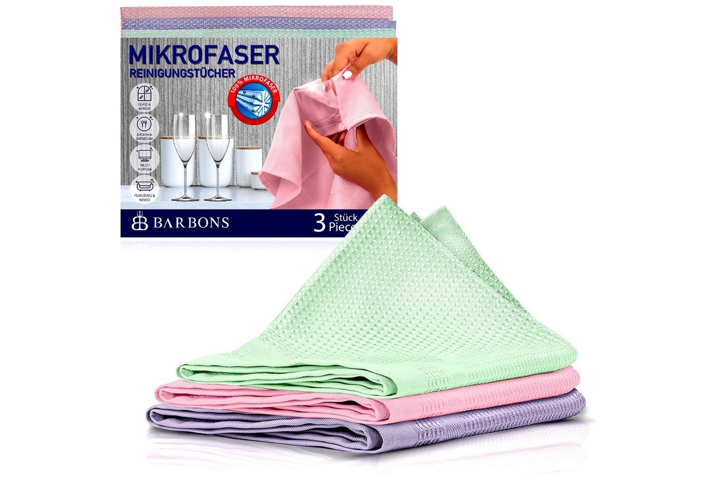 BARBONS Mikrofasertücher Geschirrtücher Allzwecktücher Fenstertücher Mikrofasertuch (100% Mikrofaser, 60x40 cm, 1 Packung, 3-tlg., Allzwecktücher, Streifenfrei, Staubfrei Auto) Bild 3