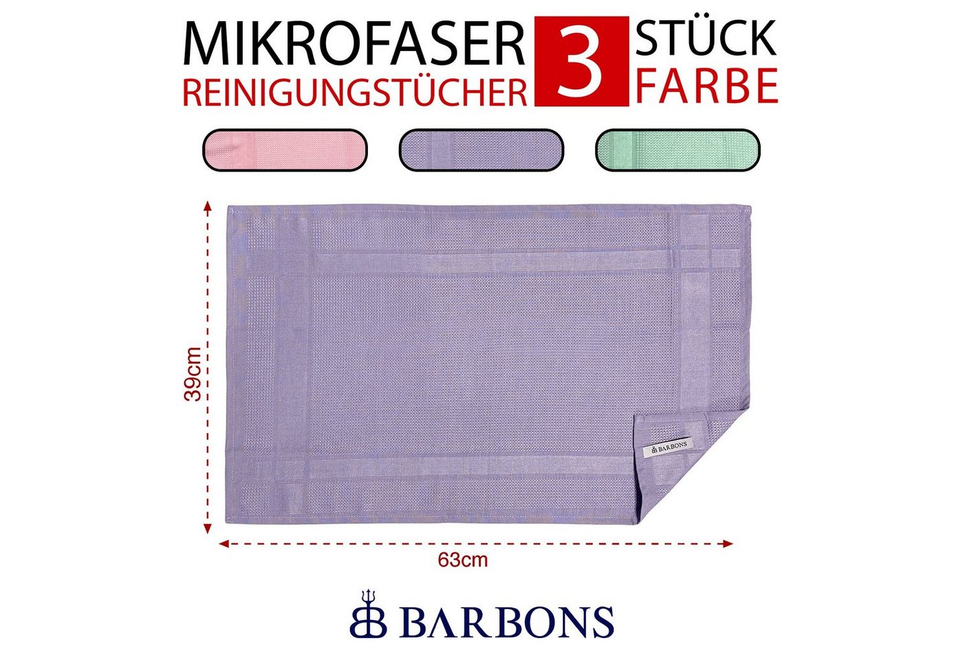 BARBONS Mikrofasertücher Geschirrtücher Allzwecktücher Fenstertücher Mikrofasertuch (100% Mikrofaser, 60x40 cm, 1 Packung, 3-tlg., Allzwecktücher, Streifenfrei, Staubfrei Auto) Bild 4