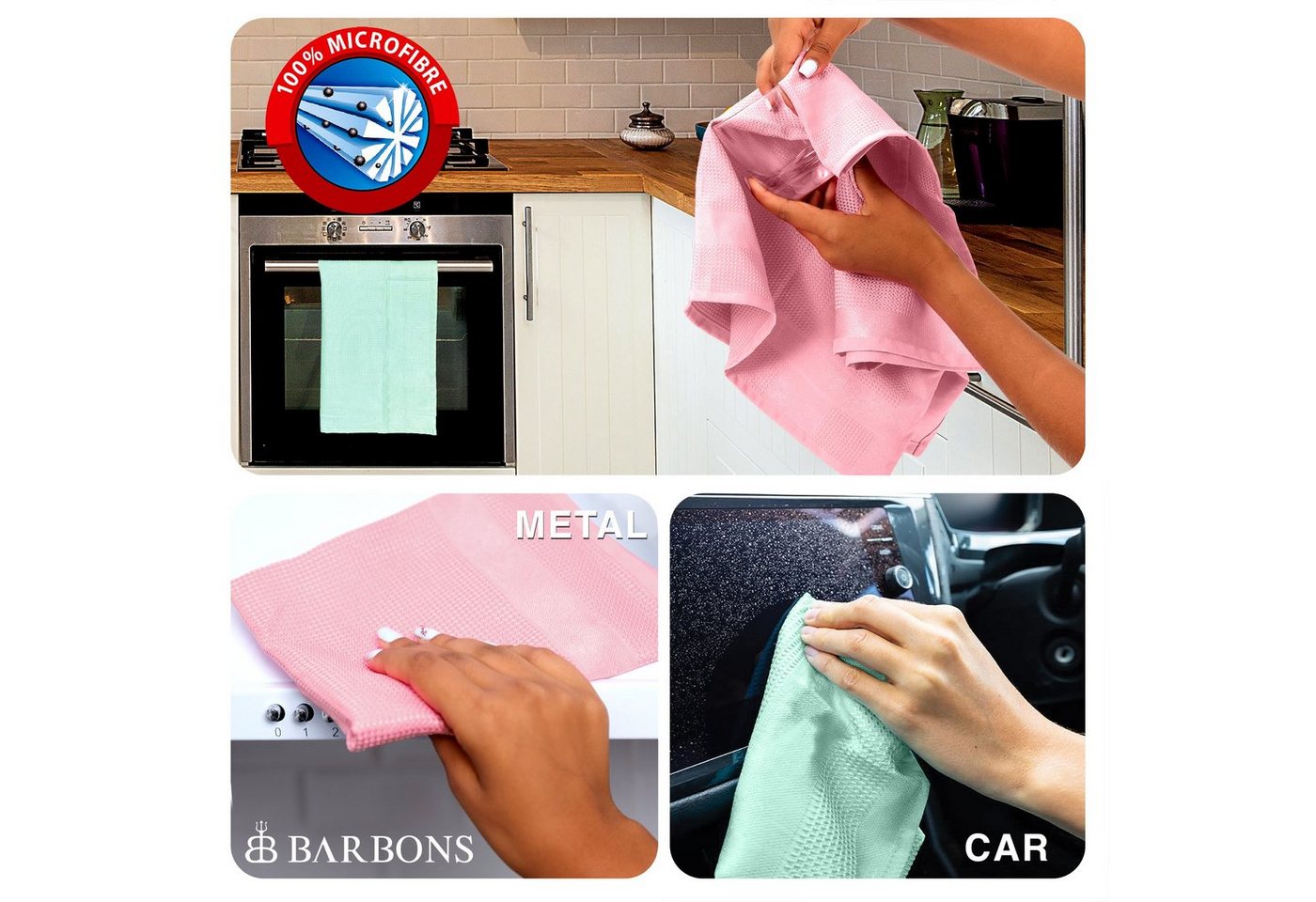 BARBONS Mikrofasertücher Geschirrtücher Allzwecktücher Fenstertücher Mikrofasertuch (100% Mikrofaser, 60x40 cm, 1 Packung, 3-tlg., Allzwecktücher, Streifenfrei, Staubfrei Auto) Bild 5