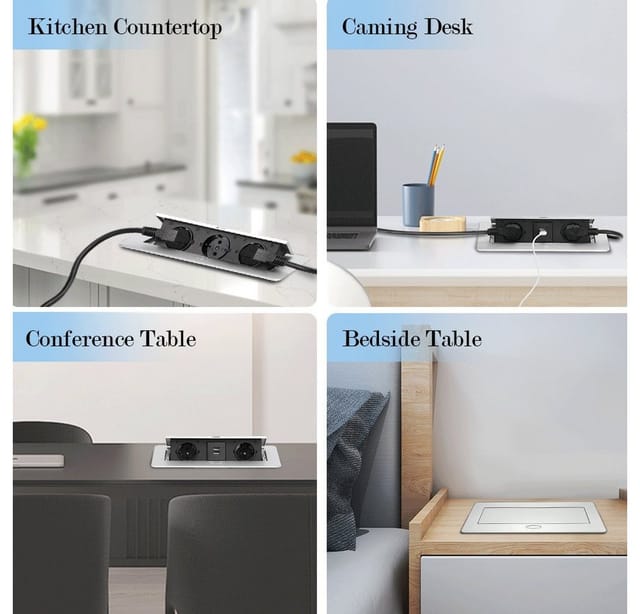 XERSEK 1.8m Kabel + Netzteil Versenkbar Einbausteckdose Alu Tischsteckdose Einbau-Tischsteckdose (3Fach, 3500W/16A Tischplatte, Bodensteckdose), Aluminium Steckdosenleiste für Möbel, Büro, Küche