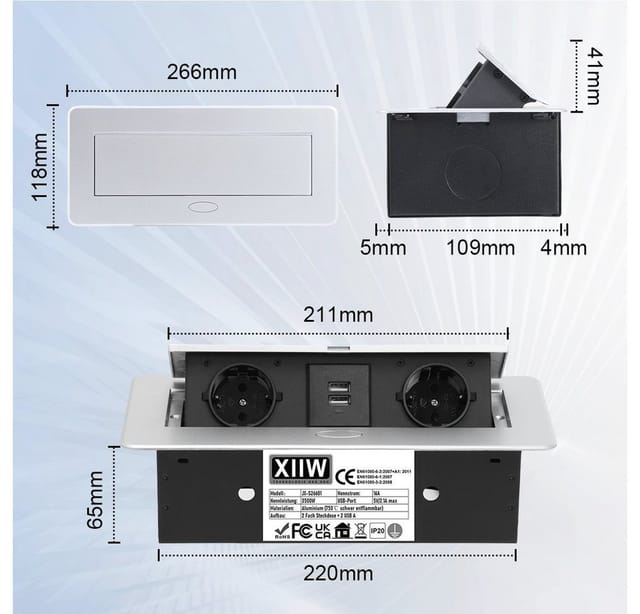 XERSEK 1.8m Kabel + Netzteil Versenkbar Einbausteckdose Alu Tischsteckdose Einbau-Tischsteckdose (2Fach +2USB, 3500W/16A Tischplatte, Bodensteckdose), Aluminium Steckdosenleiste für Möbel, Büro, Küche