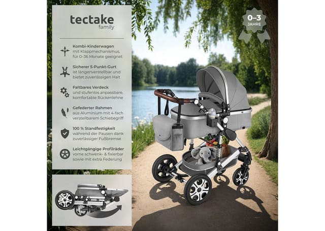 tectake Kombi-Kinderwagen Mats, klappbar, mit 5-Punkt-Gurt, Schutzbügel und Handschlaufe