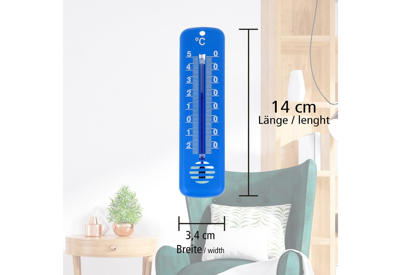 Lantelme Raumthermometer 3 Stück Set Außen Garten Innen Thermometer Farbwahl Außenthermometer, Kunststoff Hauswand Thermometer in den Farben Blau, Grün, Pink, Weiß, Deutsche Herstellung, Temperatur -25 °C bis 50 °C Analog, 14cm Lang
