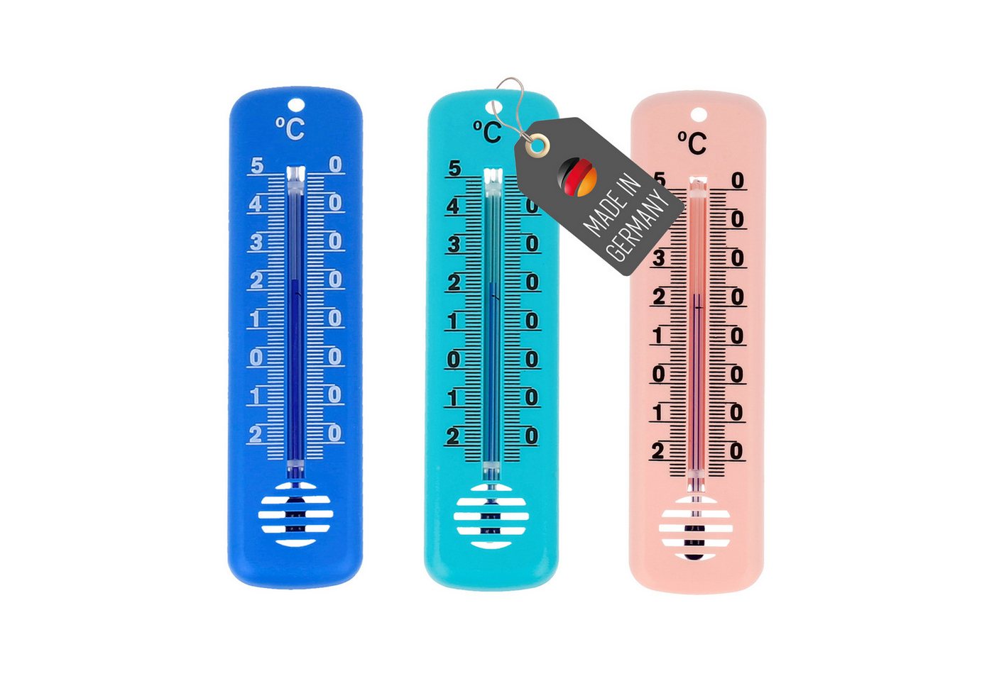 Lantelme Raumthermometer 3 Stück Set Außen Garten Innen Thermometer Farbwahl Außenthermometer, Kunststoff Hauswand Thermometer in den Farben Blau, Grün, Pink, Weiß, Deutsche Herstellung, Temperatur -25 °C bis 50 °C Analog, 14cm Lang Bild 4