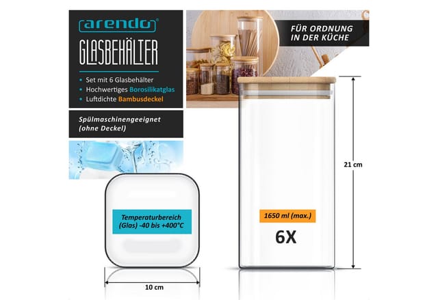 Arendo Aufbewahrungsbecher Glasbehälter-Set 6x 1,65L Borosilikat, Deckel, Aufklebern & Textmarker, Borosilikatglas, Bambus, Silikon, (Vorratsbehälter-Set, 6-tlg., 6er Set), Hitzebeständig, luftdicht, mikrowellengeeignet, spülmaschinenfest