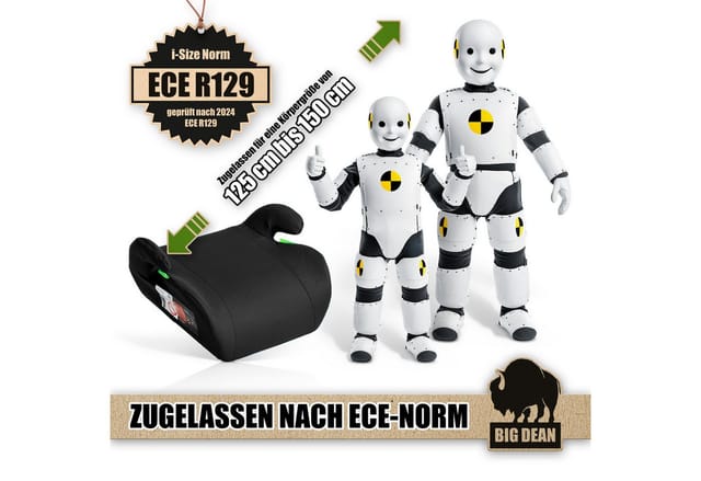 BigDean Kindersitzerhöhung Kindersitzerhöhung nach neuster i-Size Norm R129 Schwarz, ab: 6, bis: 12, ab: 125 cm, bis: 150 cm, (Packung, 1-tlg), i-size norm gerecht, Robuster HDPE, Angenehme Polsterung, 3-punkt-gurt