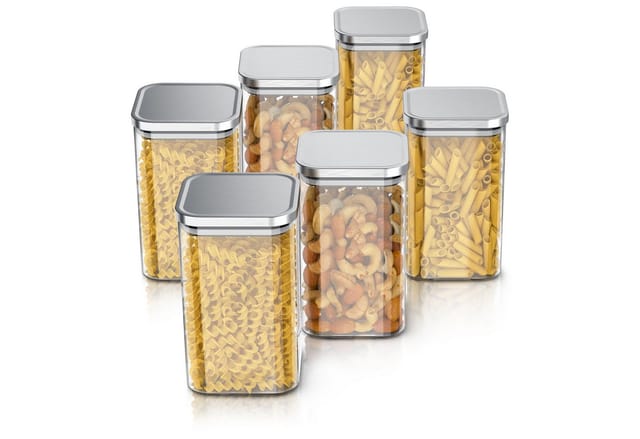 Arendo Aufbewahrungsbecher Glasbehälter-Set 6x 1,65 L Borosilikatglas mit Edelstahldeckel, Borosilikatglas, Edelstahl, Silikon, (Vorratsbehälter-Set, 6-tlg., 6er Set), Hitzebeständig, umweltfreundlich, langlebig, mikrowellengeeignet