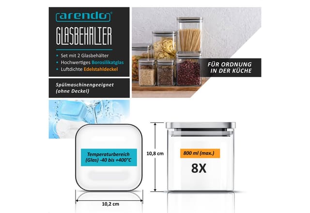 Arendo Aufbewahrungsbecher Glasbehälter-Set 8x 0,8 L Borosilikatglas mit Edelstahldeckel, Borosilikatglas, Edelstahl, Silikon, (Vorratsbehälter-Set, 8-tlg., 8er Set), Hitzebeständig, umweltfreundlich, langlebig, mikrowellengeeignet