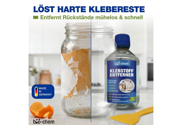 bio-chem Klebstoffentferner Etikettenlöser - Entfernt Klebereste - 2x 500 ML Allzweckreiniger (Sparpaket, [- Klebstoffentferner 2x 0.5 l + Handschaber gelb Mit Schaber für mühelose Etikettenentfernung)