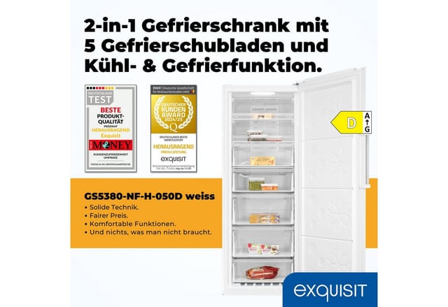 exquisit Gefrierschrank GS5380-NF-H-050D, 1855 cm hoch, 710 cm breit, NoFrost, 4-Sterne-Gefrieren, Alarm, Schnellkühlen, Schnellgefrieren