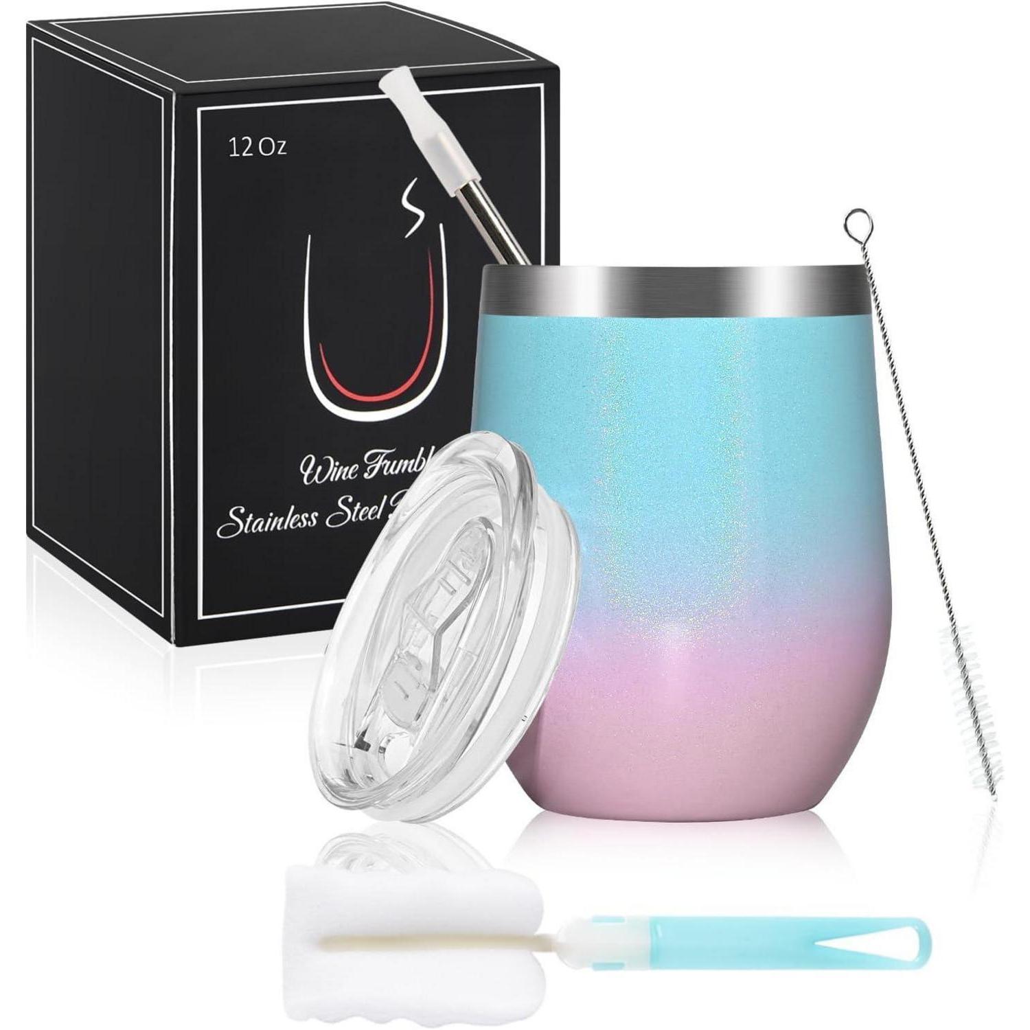 Edelstahl Weinbecher Mit Deckel, 12oz, Doppelwandig, Blau-rosa Farbverlauf