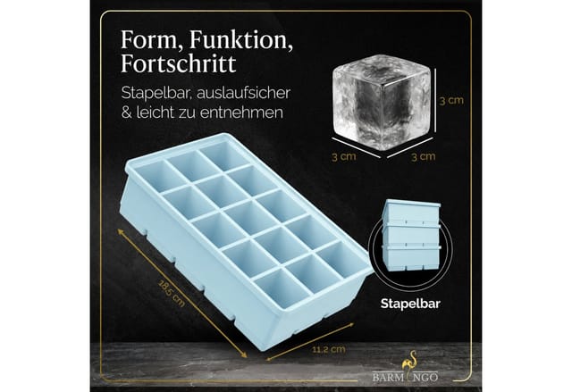 BARMINGO Eiswürfelform mit Deckel Silikon, BPA-freie Eiswürfelform groß / XXL, (3er Set), Große Eiswürfel Form, auslaufsicher & spülmaschinenfest