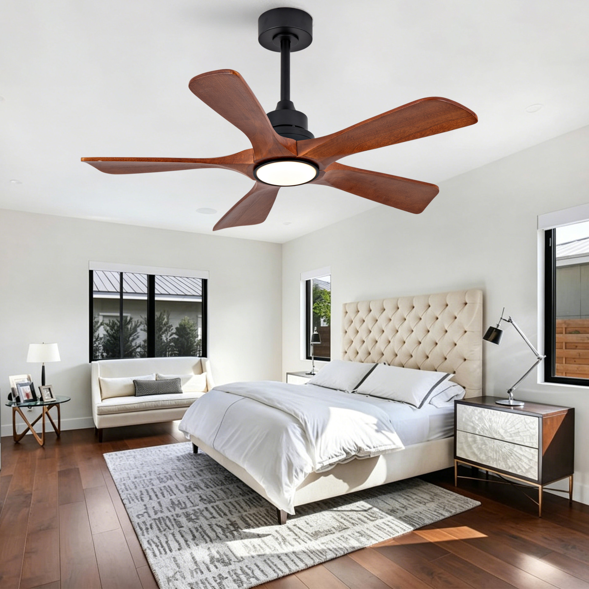 42-zoll-deckenventilator Mit Led-licht, Fernbedienung, 6 Stufen, Rücklauf, 5 Holzflügeln