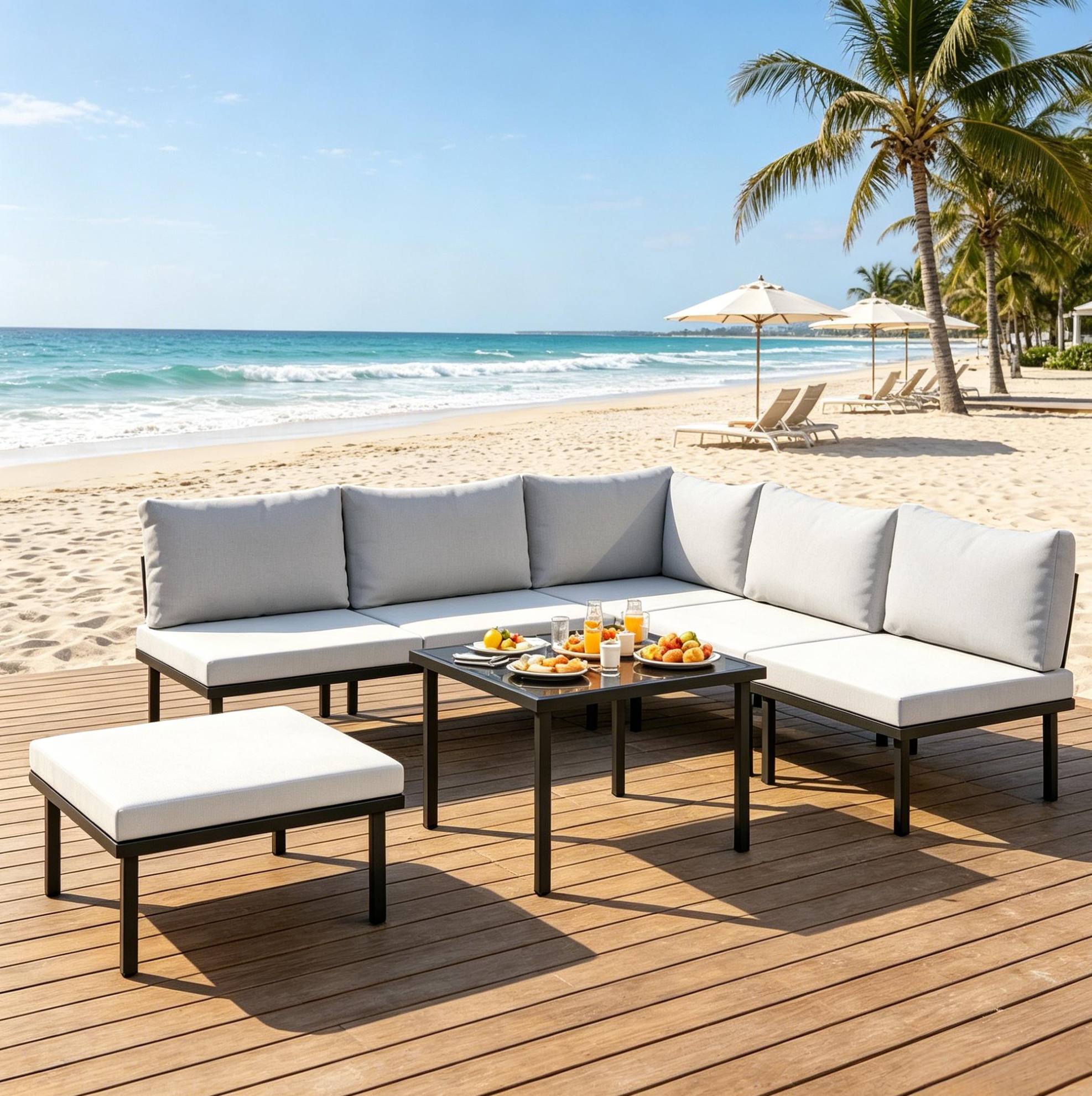 6-teiliges Modulares Garten-loungeset In Schwarz Und Hellgrau Mit Tisch Aus Hartglas