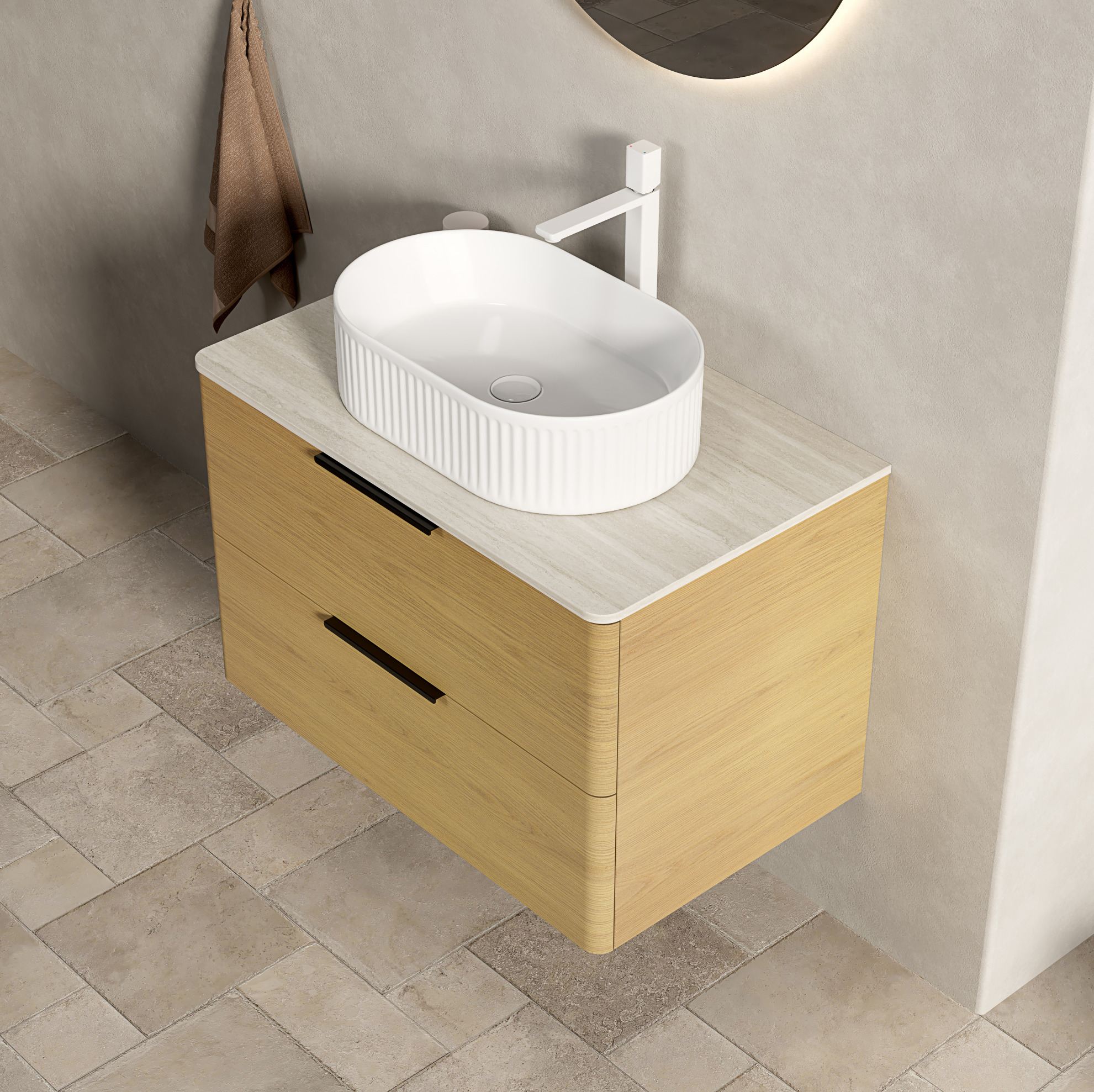Hängender Badwaschtisch 75 Cm Mit Ovalem Waschbecken, Sintersteinplatte Und 2 Schubladen