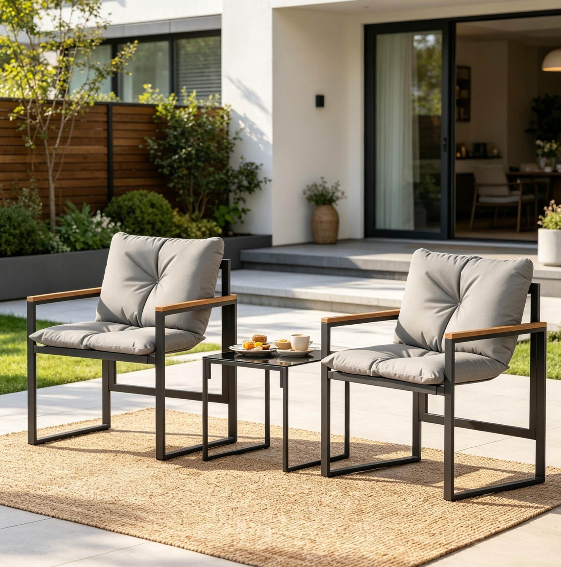 3-teiliges Gartenmöbel-set Mit Tisch Aus Gehärtetem Glas Und 2 Sesseln In Schwarz/grau