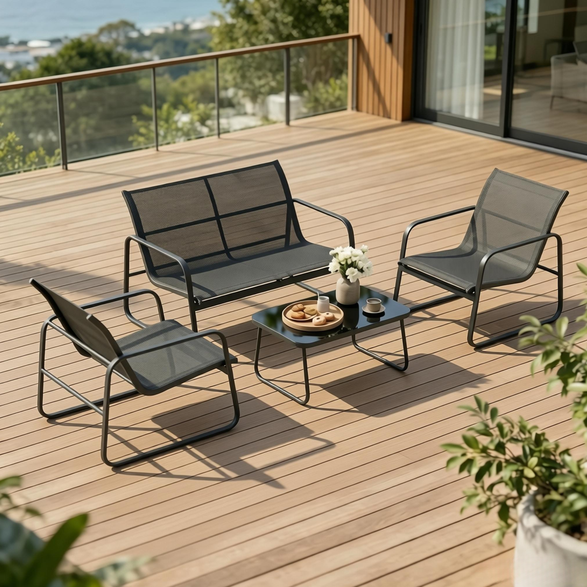 4-teiliges Gartenmöbel-set Aus Stahl Und Gehärtetem Glas, Schwarz Und Dunkelgrau, Okwish