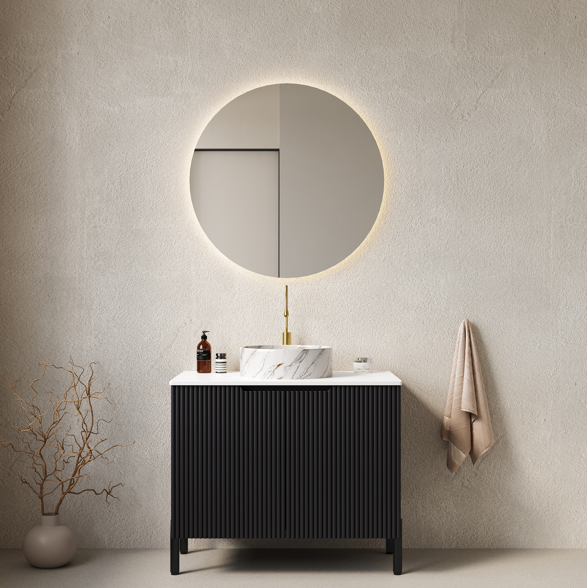 Freistehender Waschtischunterschrank 76 Cm Schwarz Mit Rundem Keramikbecken Okwish