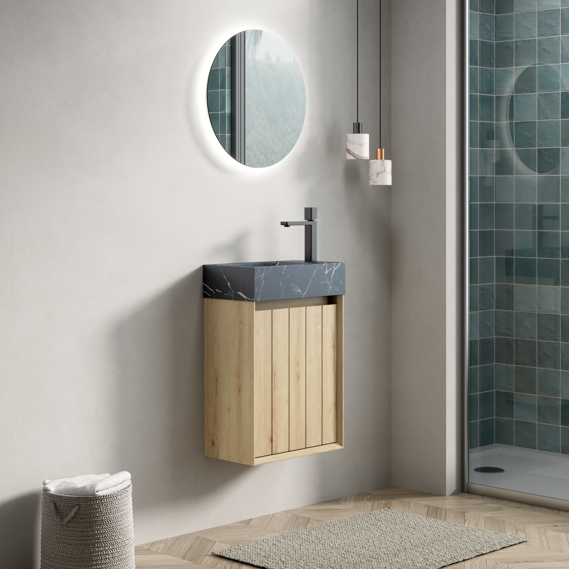 Hängender Badunterschrank 40 Cm Mit Waschbecken Aus Schwarzem Marmor Und Holzoptik